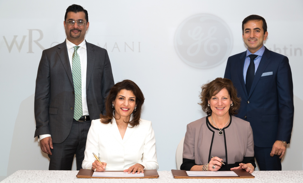 Front (L-R) Huda Al Rostamani, Director AW Rostamani Group; and Maryrose Sylvester, President & CEO Current, powered by GE, sign partnership agreement. In the background: Umar Kahn, General Manager of Rostamani Lumina; and Erdem Soyal, General Manager GE Lighting, MEAT Front (L-R) Huda Al Rostamani, Director AW Rostamani Group; and Maryrose Sylvester, President & CEO Current, powered by GE, sign partnership agreement. In the background: Umar Kahn, General Manager of Rostamani Lumina; and Erdem Soyal, General Manager GE Lighting, MEAT