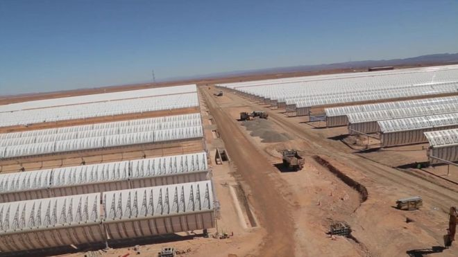 Rows of curved mirrors capture solar energy Rows of curved mirrors capture solar energy