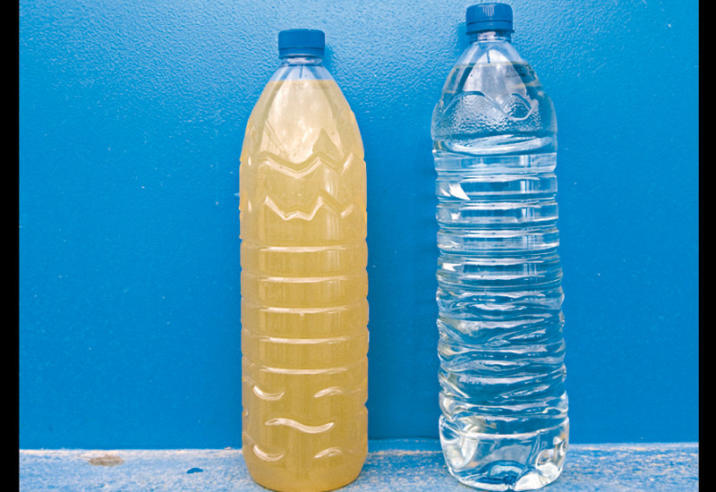 Water before (left) and after the treatment. Water before (left) and after the treatment.