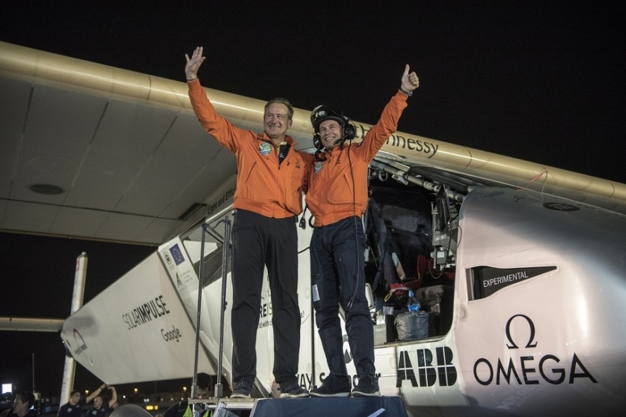 Solar impulse 2 pilots Bertrand Piccard and André Borschberg after landing at the Al Bateen Executive Airport in Abu Dhabi Solar impulse 2 pilots Bertrand Piccard and André Borschberg after landing at the Al Bateen Executive Airport in Abu Dhabi