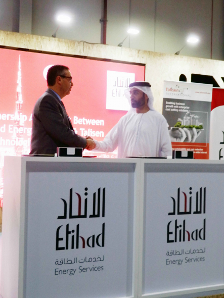 The collaborative agreement was signed on the second day of WETEX 2018 by Ali Al Jassim, CEO of Etihad ESCO and George Brill, CEO of Talisen Technologies Inc. The collaborative agreement was signed on the second day of WETEX 2018 by Ali Al Jassim, CEO of Etihad ESCO and George Brill, CEO of Talisen Technologies Inc.