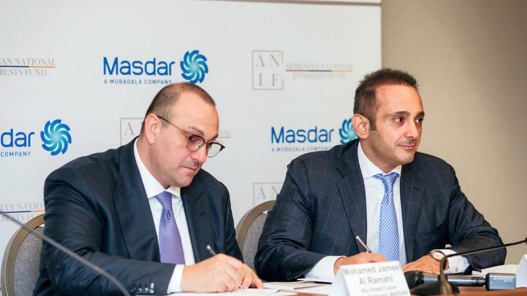 Mohamed Jameel Al Ramahi, chief executive of Masdar, and David Papazian, chief executive of the Armenian National Interests Fund (ANIF), sign a preliminary agreement to explore collaboration in renewable energy. Courtesy Masdar Mohamed Jameel Al Ramahi, chief executive of Masdar, and David Papazian, chief executive of the Armenian National Interests Fund (ANIF), sign a preliminary agreement to explore collaboration in renewable energy. Courtesy Masdar